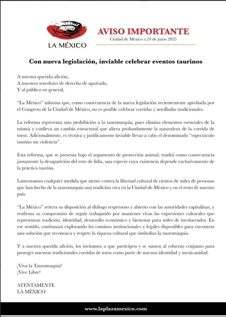Comunicado de la Plaza de Toros México