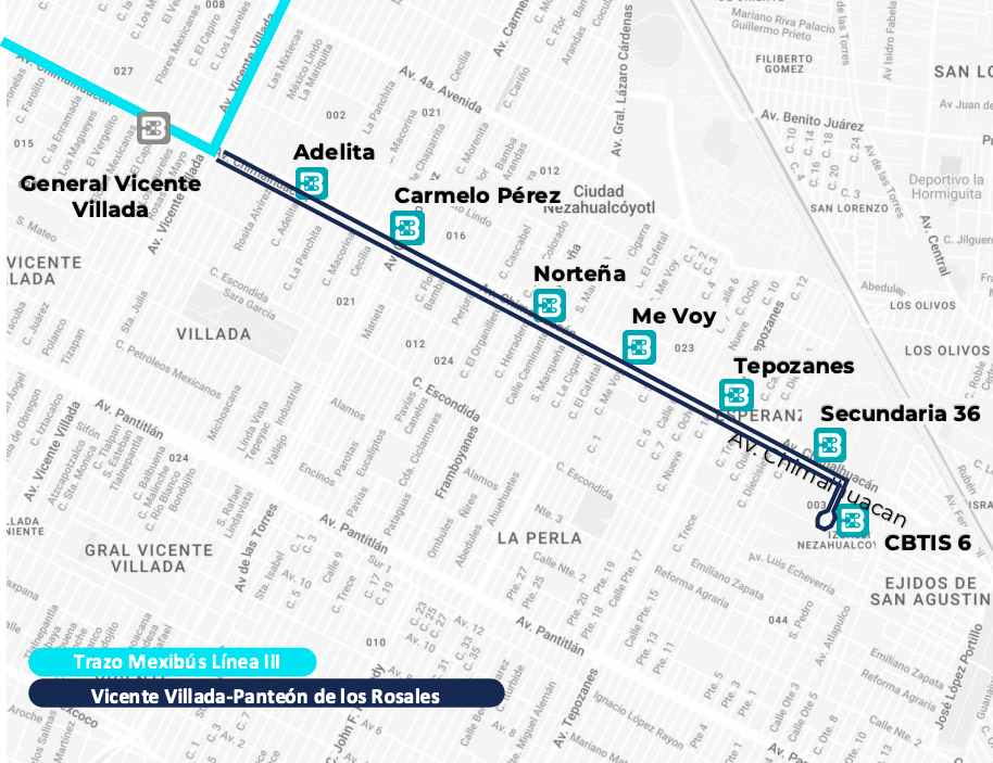 Ruta y estaciones de la ampliación en Neza de la Línea 3 del Mexibús, que tendrá conexión hacia Pantitlán