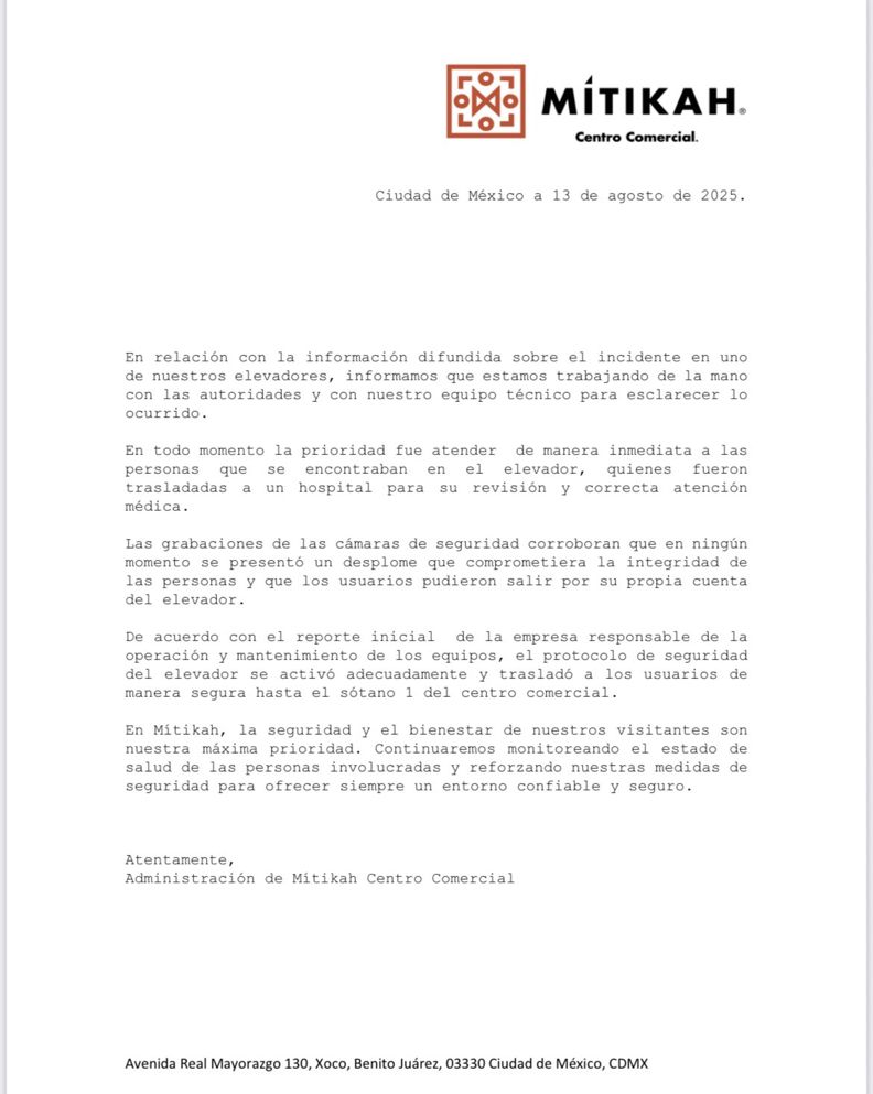 Comunicado de Mítijah sobre el elevador