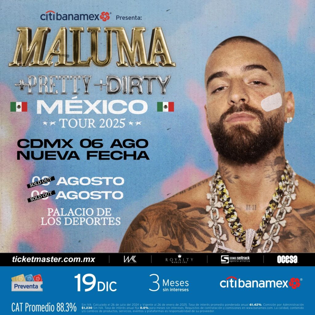 Flyer del concierto de Maluma en agosto 2025 CDMX.