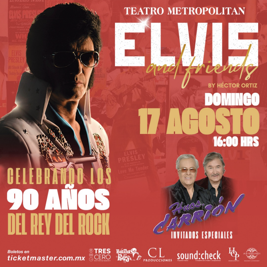 Flyer del concierto Elvis and Friends que incluye foto de Héctor Ortiz y Los Hermanos Carrión.