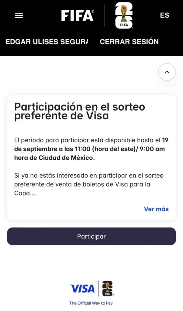 Sorteo preferente visa para comprar boletos del Mundial 2026