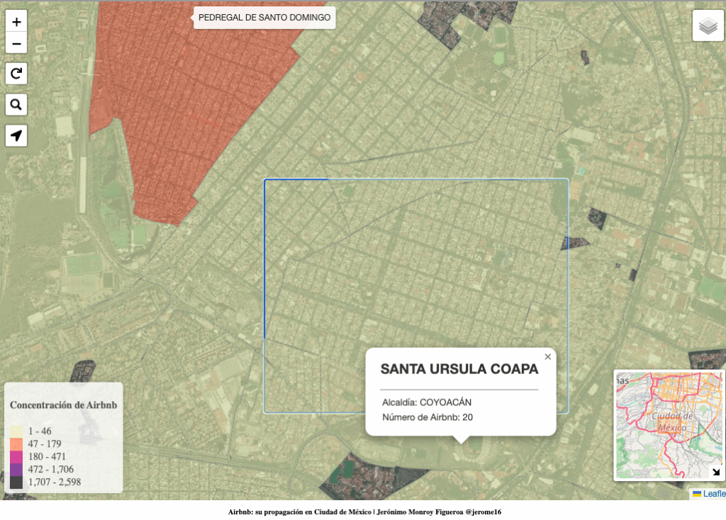 Presencia de Airbnb en la colonia Santa Úrsula de CDMX