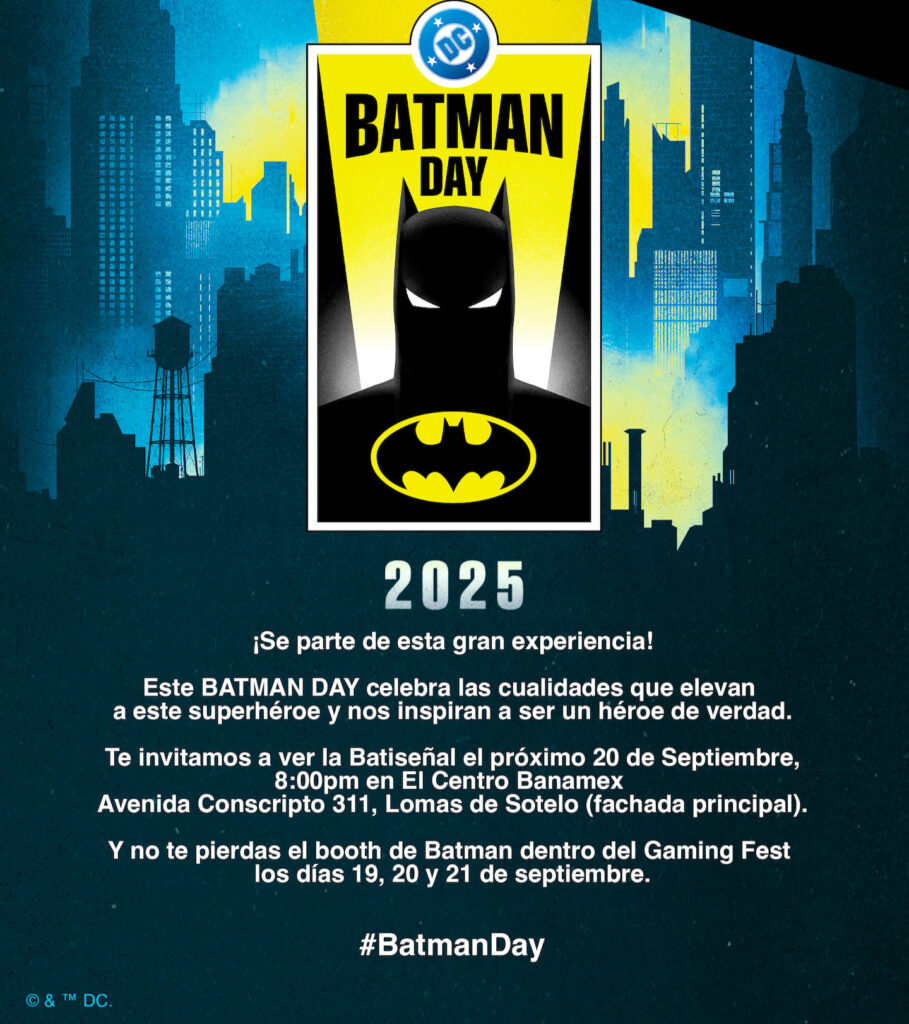 Poster del evento del Batman Day 2025 donde se podrá ver la Batiseñal.
