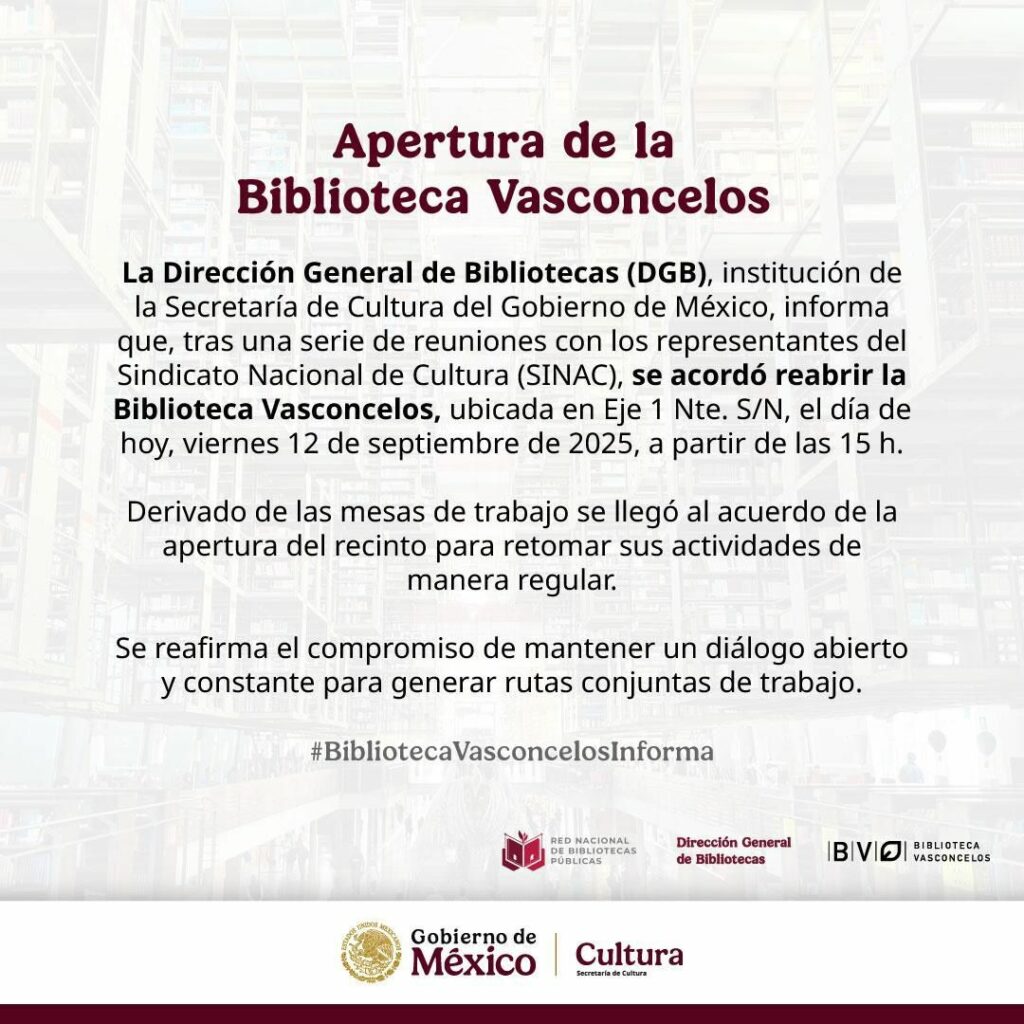 Comunicado de la apertura de la biblioteca pública de la CDMX.