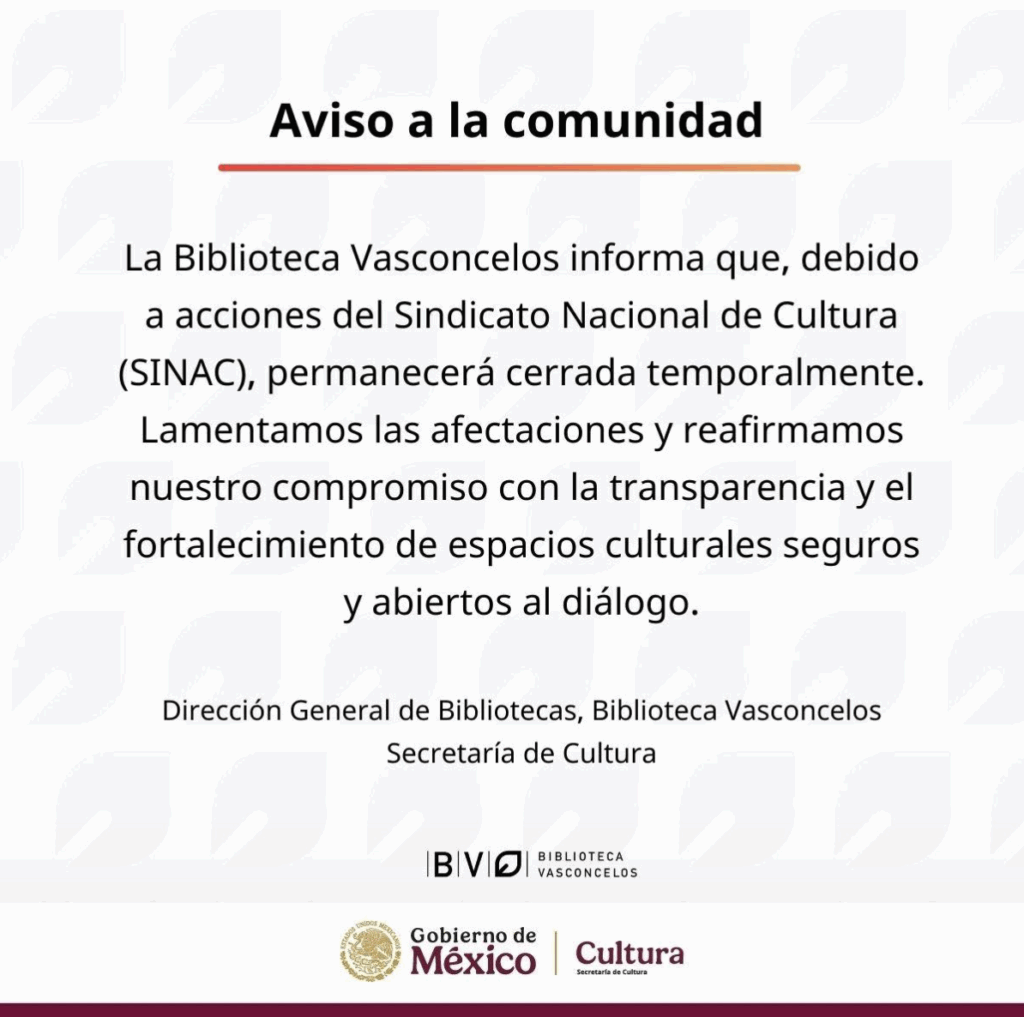 Comunicado del cierre de la biblioteca pública de la CDMX.