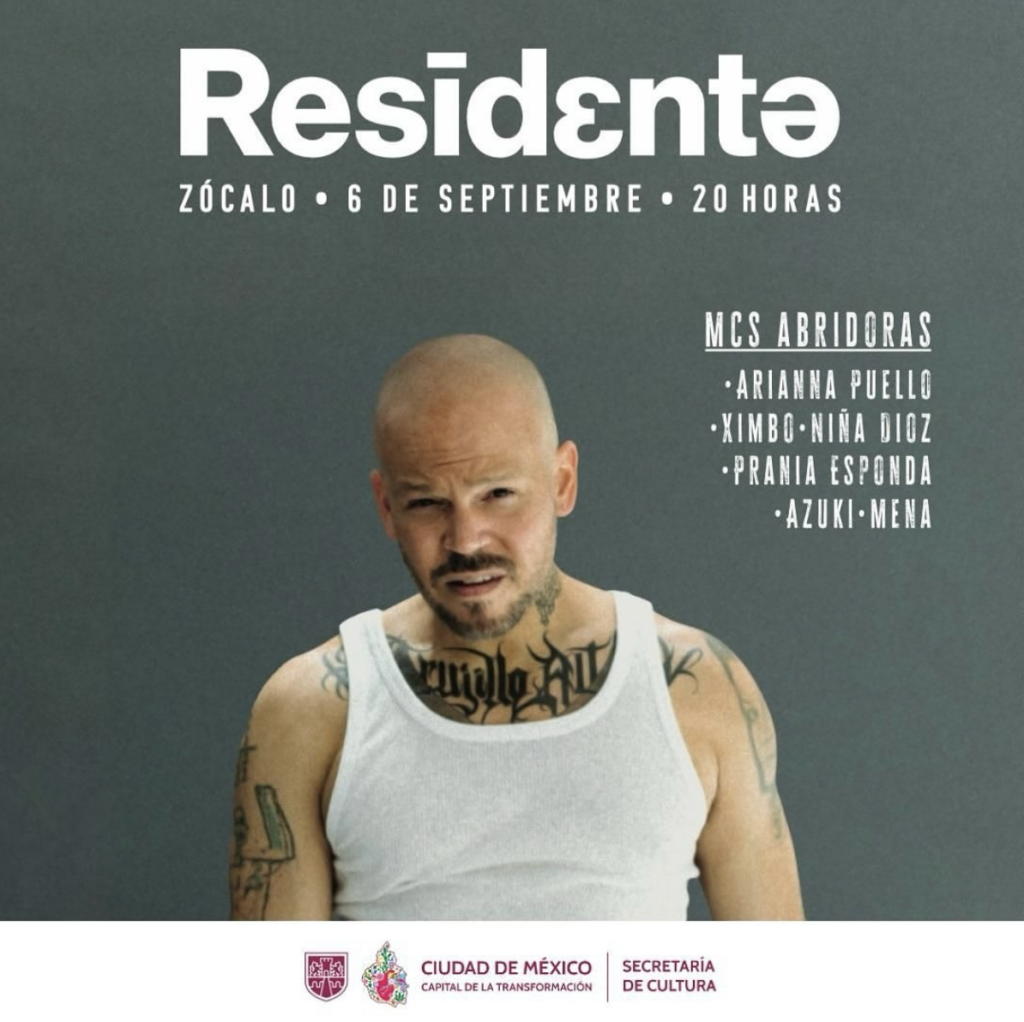 Flyer del concierto gratuito de Residente en el Zócalo de la CDMX. Parte de los conciertos de septiembre en CDMX.