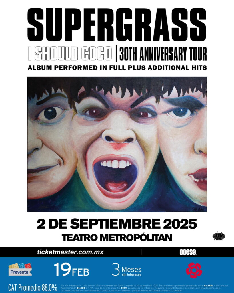 Flyer del concierto de Supergrass en el Teatro Metropólitan en CDMX.