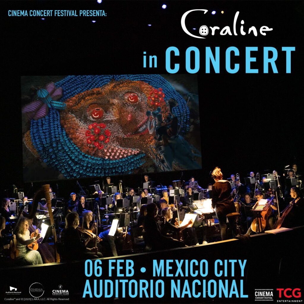 Póster de Coraline en concierto con orquesta en vivo en CDMX.