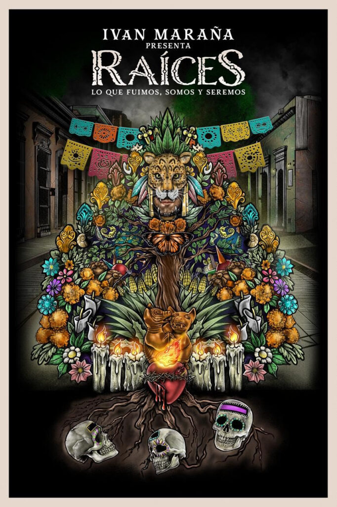 Póster de la experiencia Raíces para celebrar Día de Muertos en Xochimilco.
