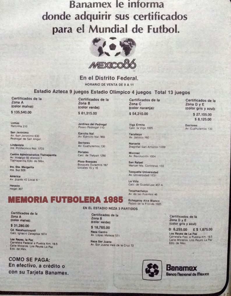 Precios de los boletos del Mundial 1986