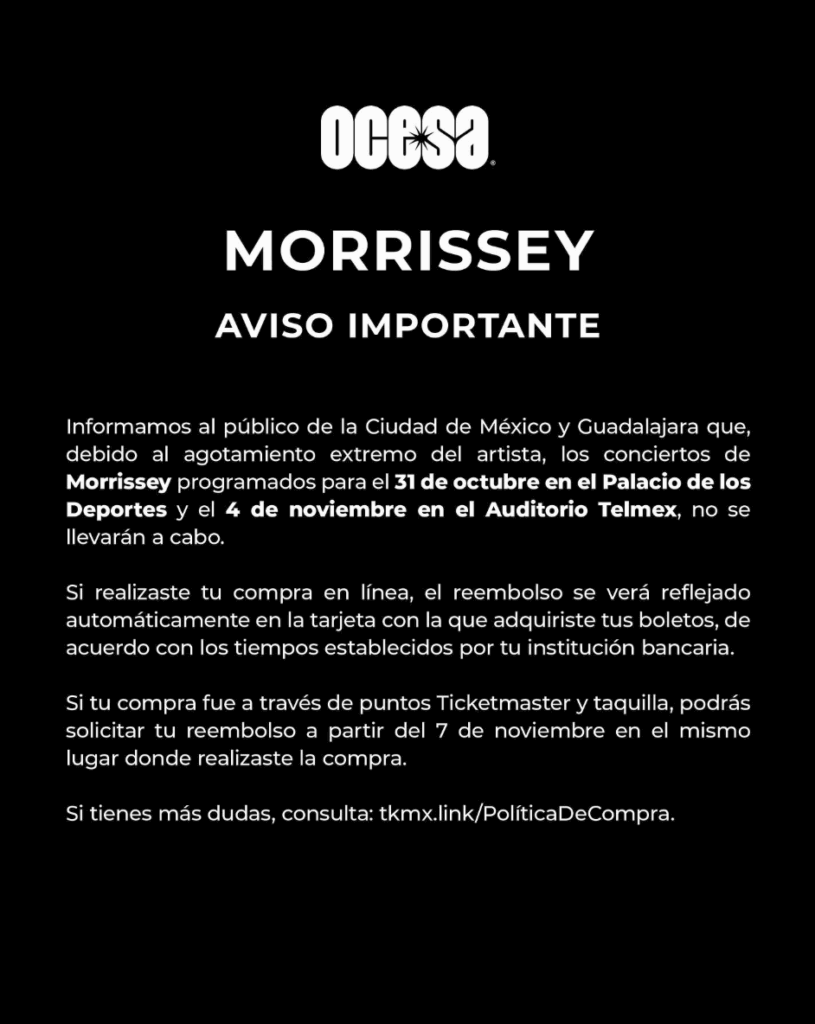 Comunicado de la cancelación de los conciertos de Morrisey.