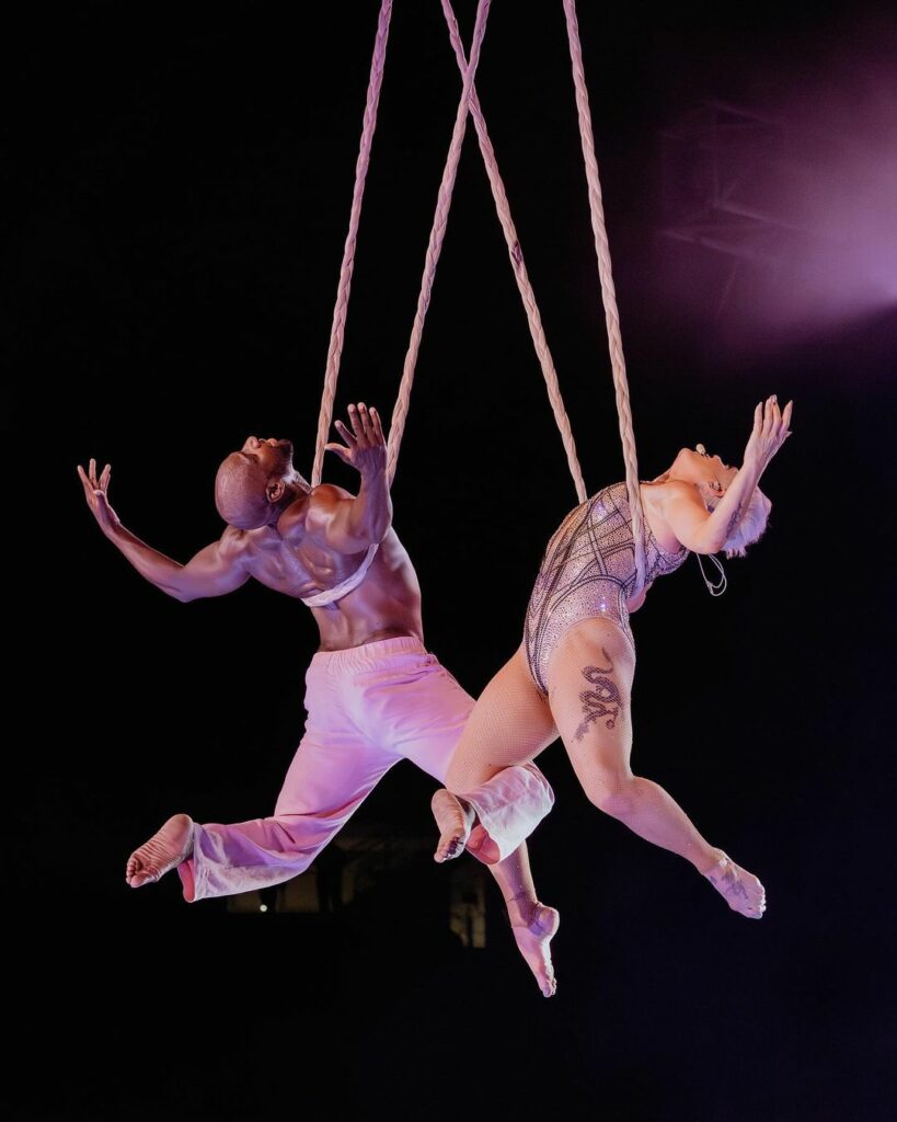 P!nk colgada de un arnés haciendo acrobacias.