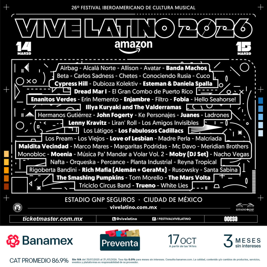 Cartel con los nombre de los artistas que estarán en el Vive Latino 2026.