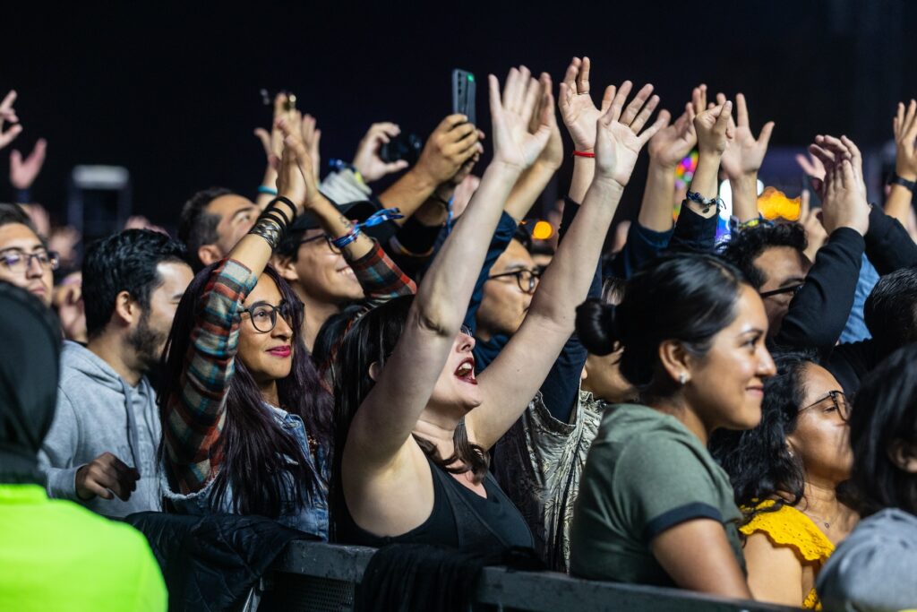 Personas con las manos levantados en un concierto.