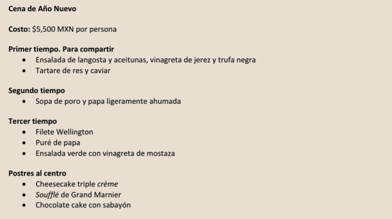 Menú de la cena de Año Nuevo en Máximo.