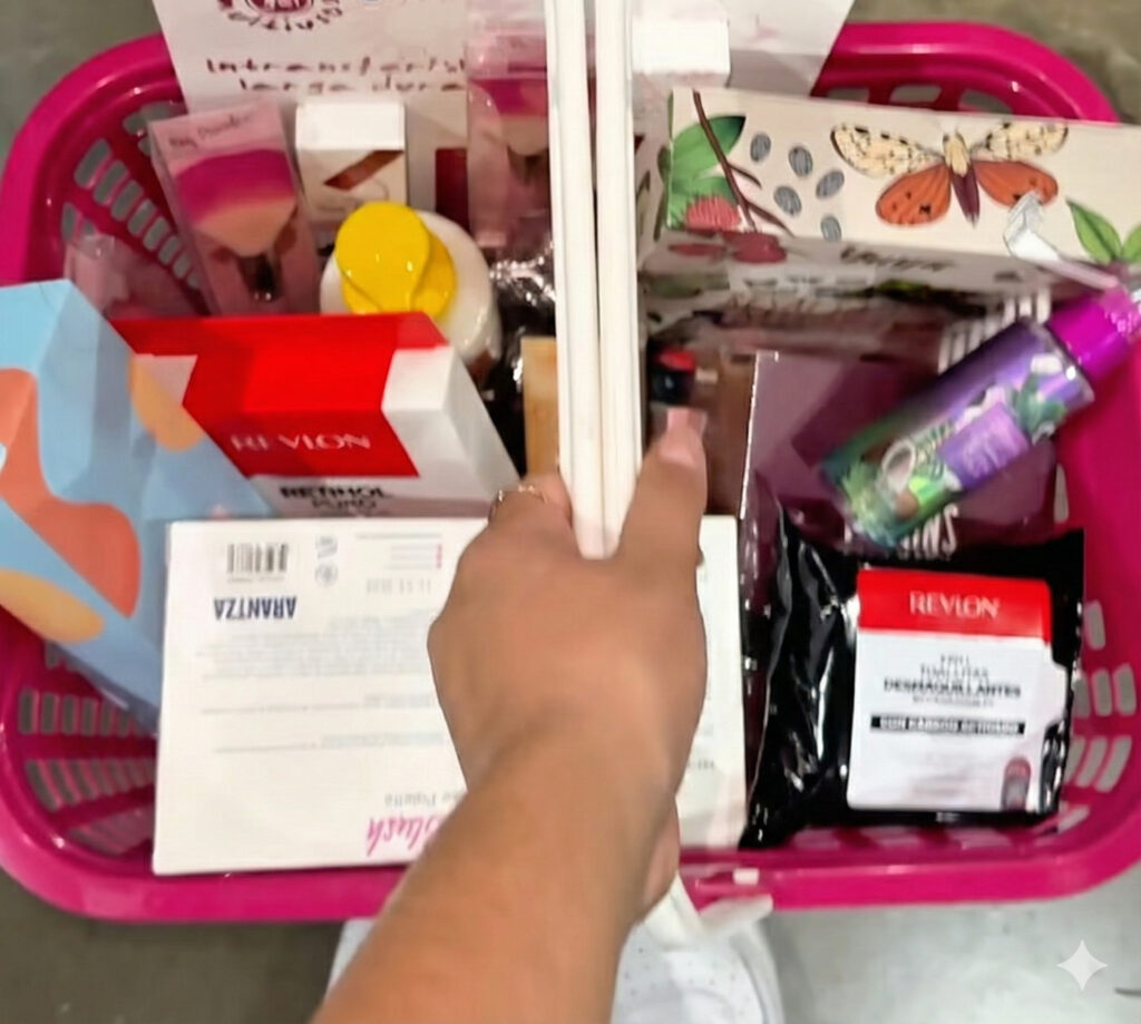 Canasta con productos de belleza.