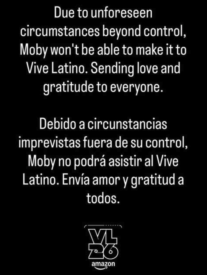 Moby canceló su participación en el Vive Latino 2026. 