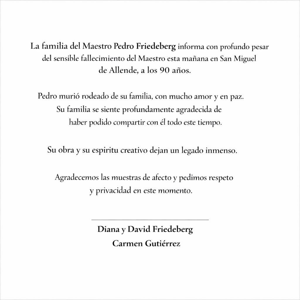 Anuncio de la muerte del artista Pedro Friedeberg,