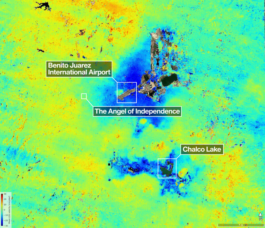 Mapa de los hundimientos en CDMX elaborado por la NASA