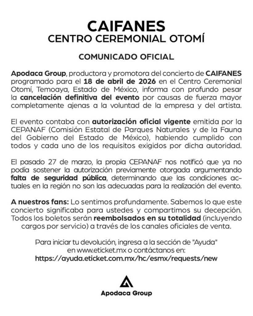 Comunicado de la cancelación del concierto de Caifanes en el Centro Cultural Otomí.