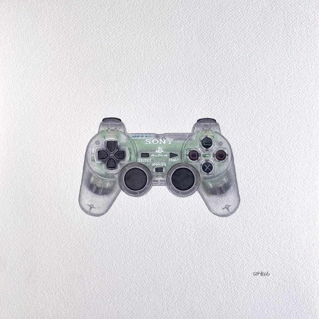 pintura en acuarela de un control de Play Station.