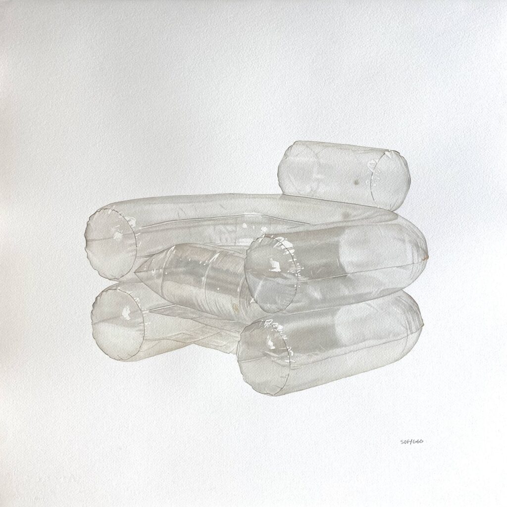 pintura en acuarela de un sillón inflable de la artista Sofy Guerrero