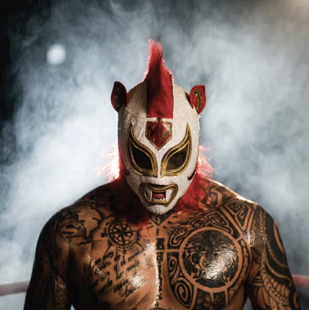 luchador de lucha libre con máscara de dios prehispánico