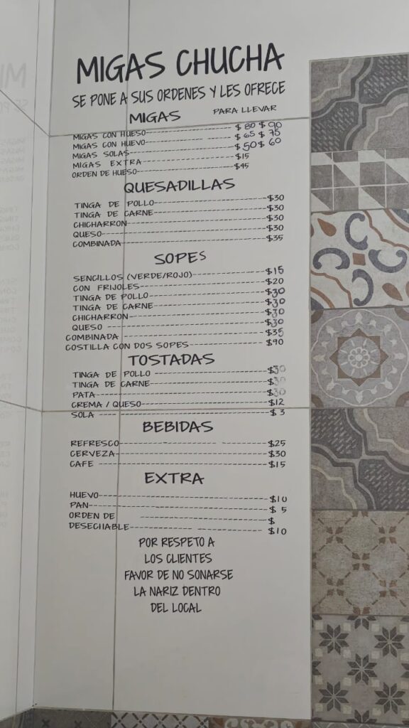 menú de las Migas Doña Chucha