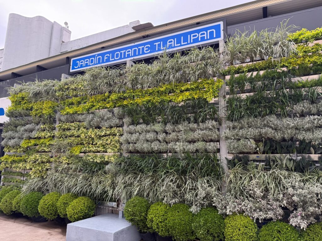 El imponente muro verde vertical y la señalética oficial en la bienvenida al nuevo Jardín Flotante Tlallipan.