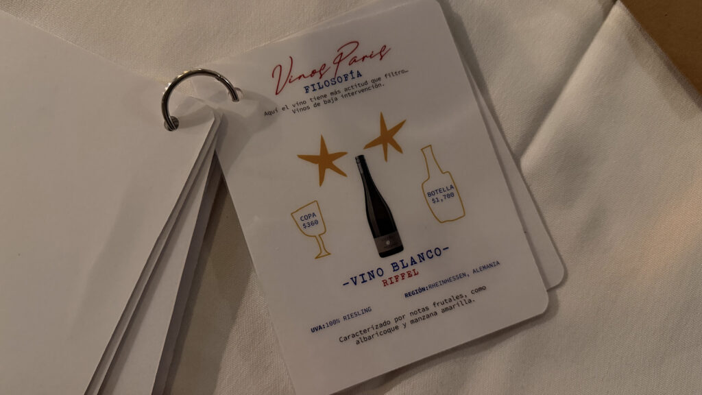 carta de vinos de Tacos Paris