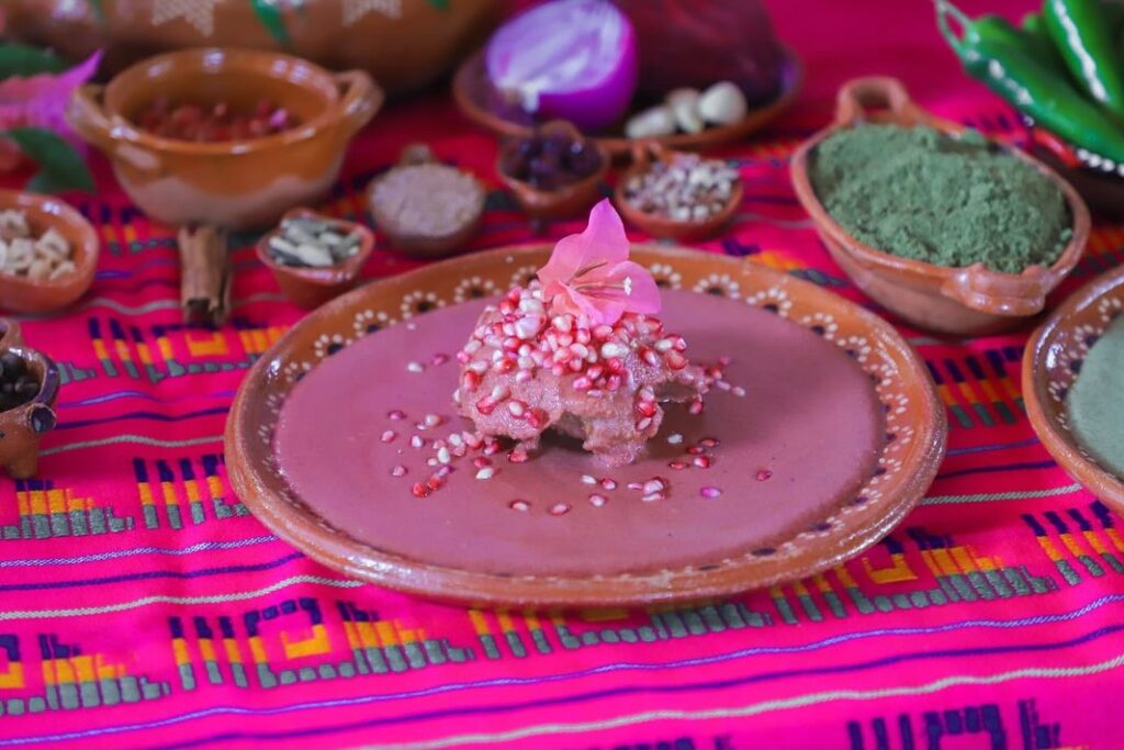 Platillo tradicional servido en barro con la innovadora receta de mole rosa decorado con granada y flor de bugambilia.