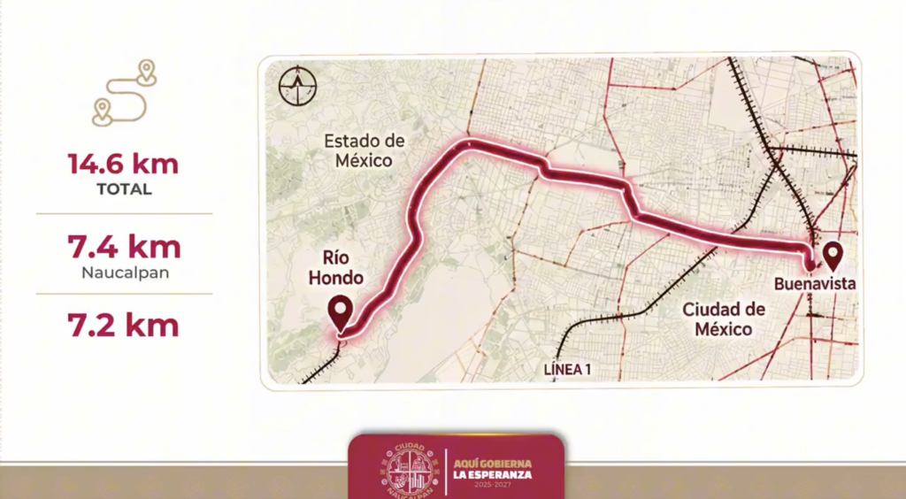 Mapa de la ruta del Tren Ligero de Naucalpan a Buenavista