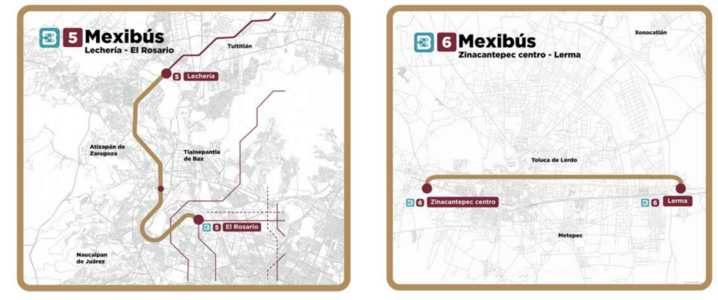Mapas con las rutas de las líneas 5 y 6 del Mexibús