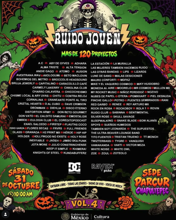Cartel completo de las bandas que participarán en el megabazar de merch.
