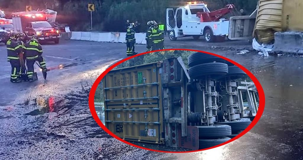 Un tráiler que transportaba aceite volcó sobre la carretera México-Toluca.