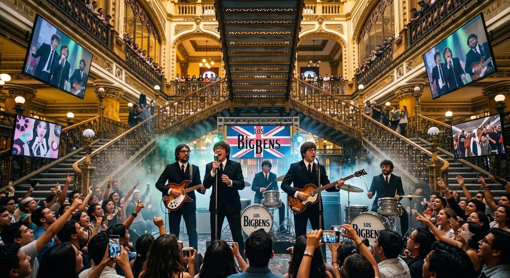Banda Big Bens interpretando éxitos de The Beatles durante un concierto homenaje | Foto: Chilango/IA