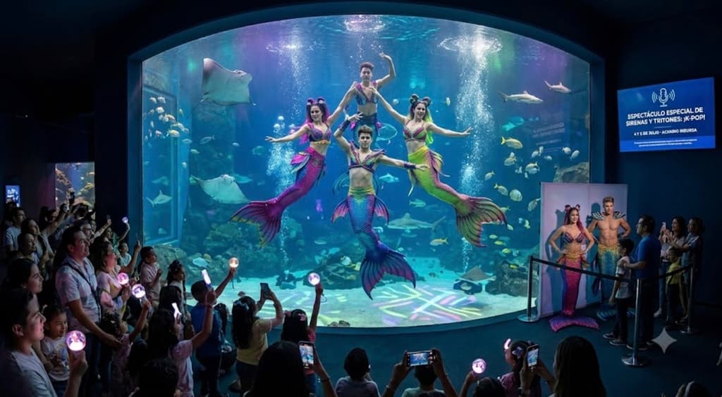 Presentación submarina de sirenas en el Acuario Inbursa con temática de K-pop | Foto: IA Gemini