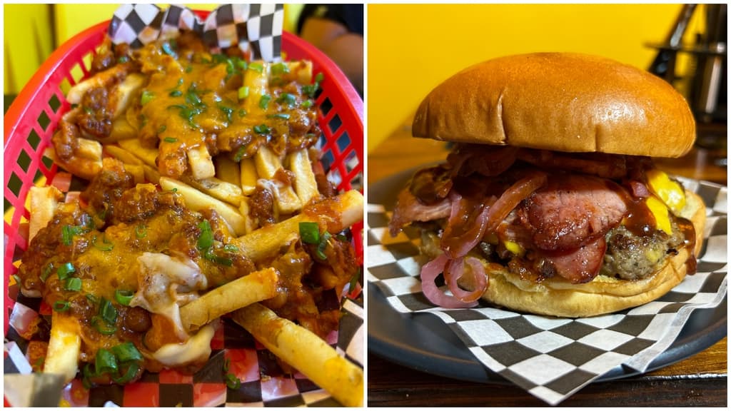 Papas fritas con queso y tocino y la hamburguesa con tocino. Fotos: Cristina Salmerón