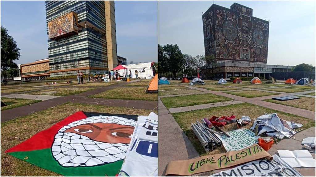 Del lado izquierdo, la Rectoría de la UNAM con una bandera de Palestina. A la derecha, la Biblioteca Central con el campamento. Fotos: Fernanda Guzmán.