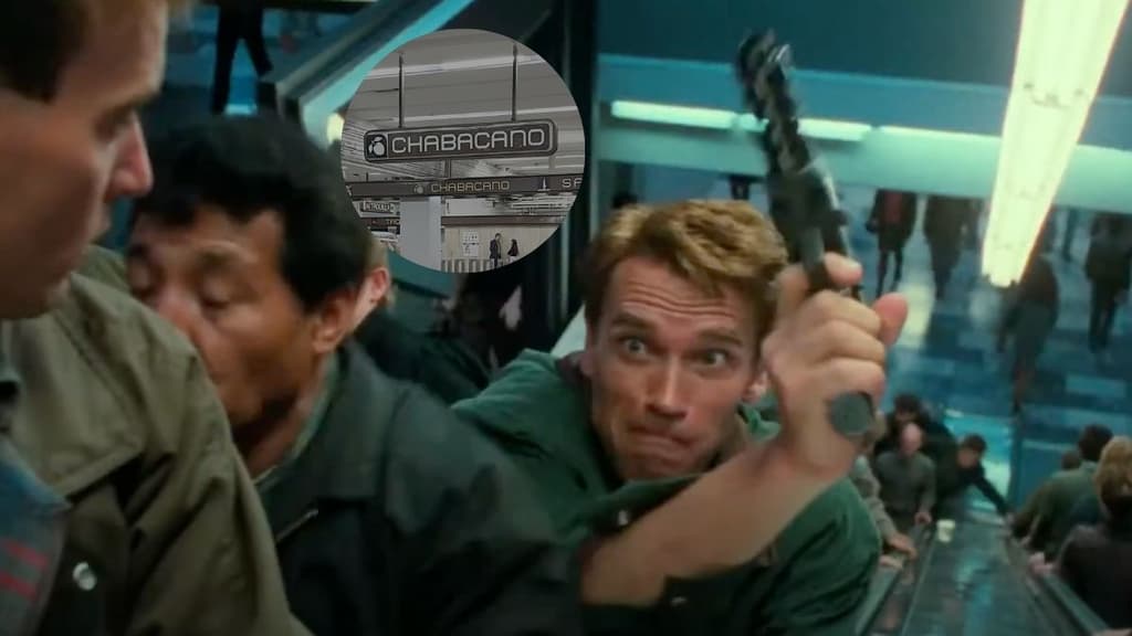 Arnold Schwarzenegger en una escena de El vengador del futuro en Metro Chabacano.