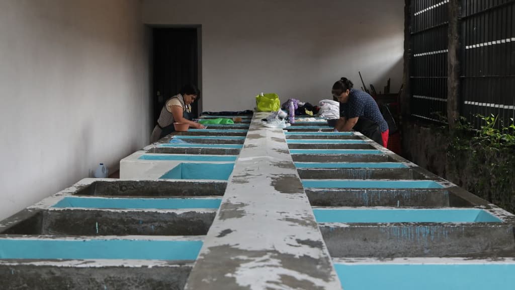 Señoras lavando en los lavaderos públicos del Barrio de San Antonio en Xochimilco.