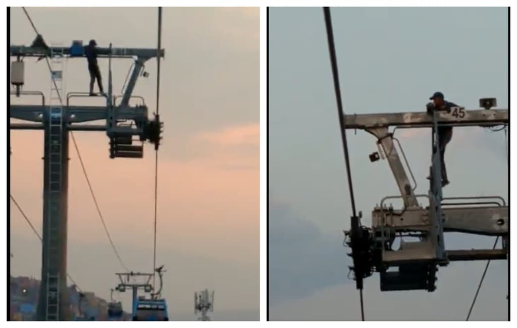 Hombre sube a una torre del cablebús