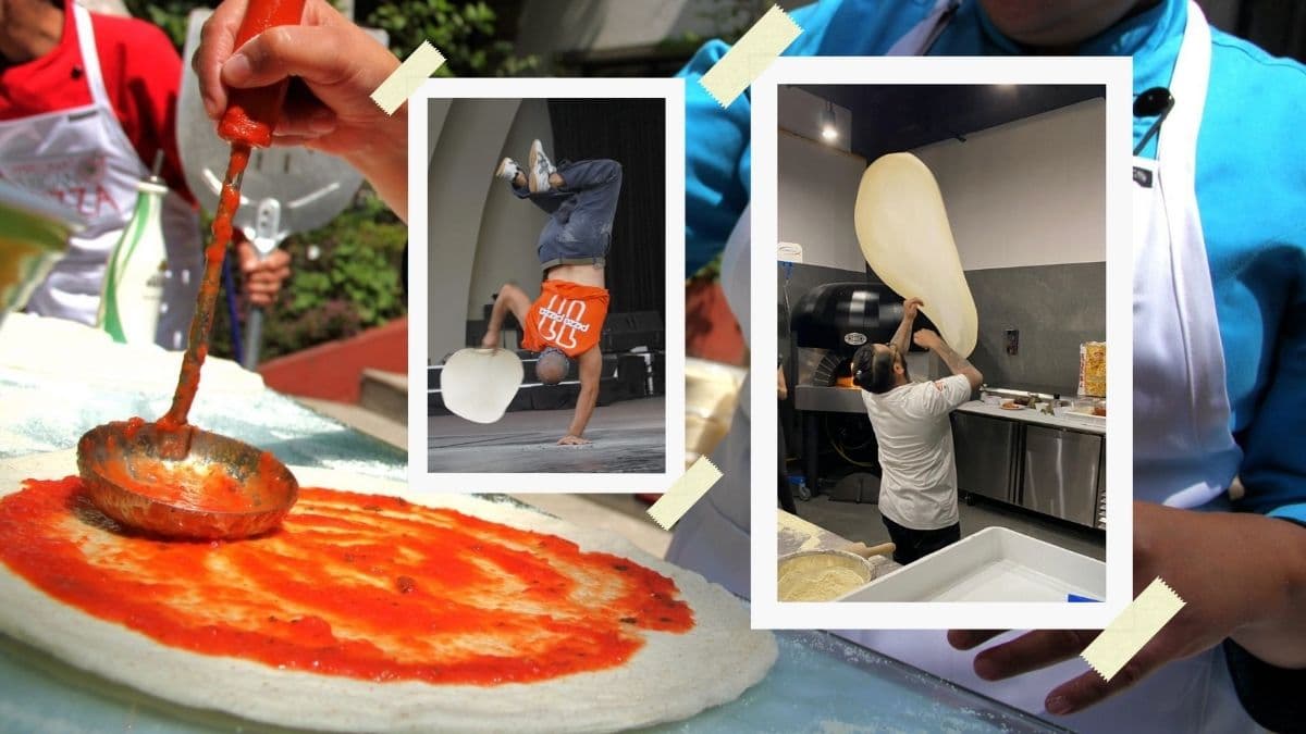 Imágenes del festival de la pizza con masa en el aire, preparación de salsa y acrobacias con pizza.
