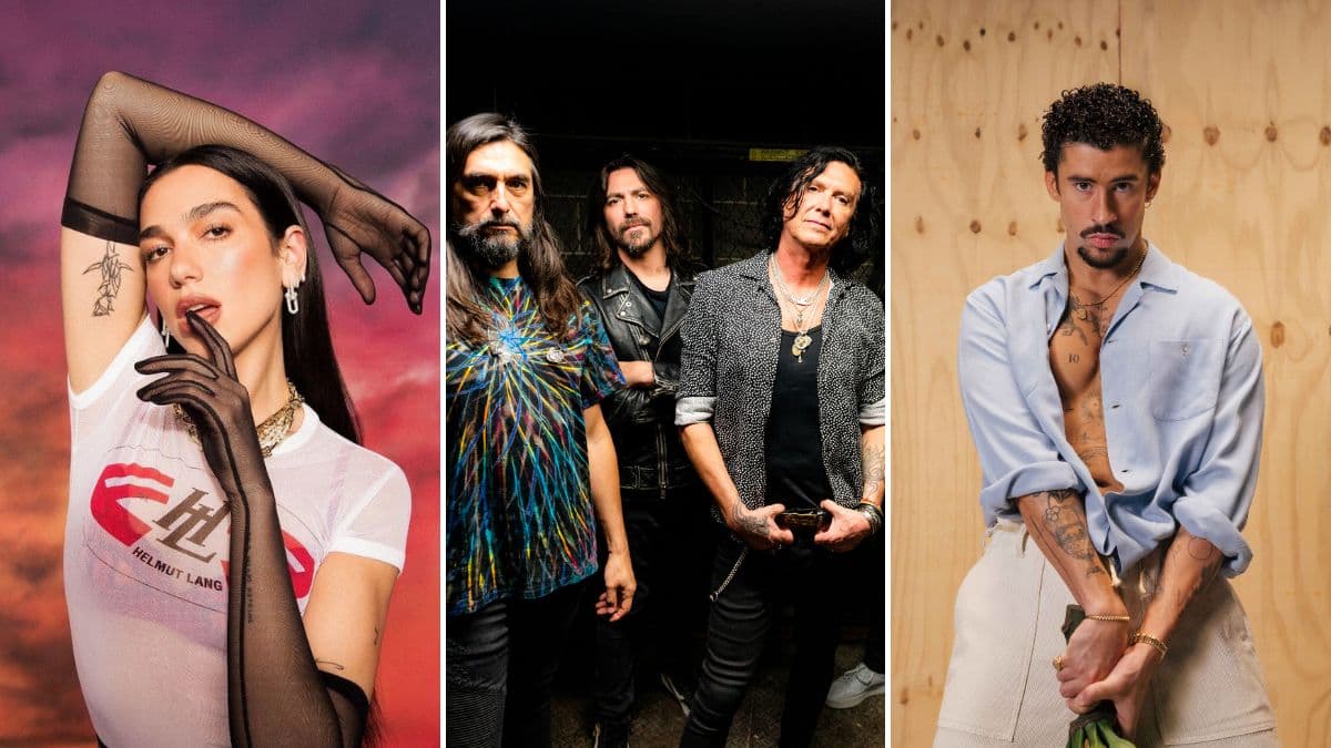 Retratos de Dua Lipa, Caifanes y Bad Bunny.