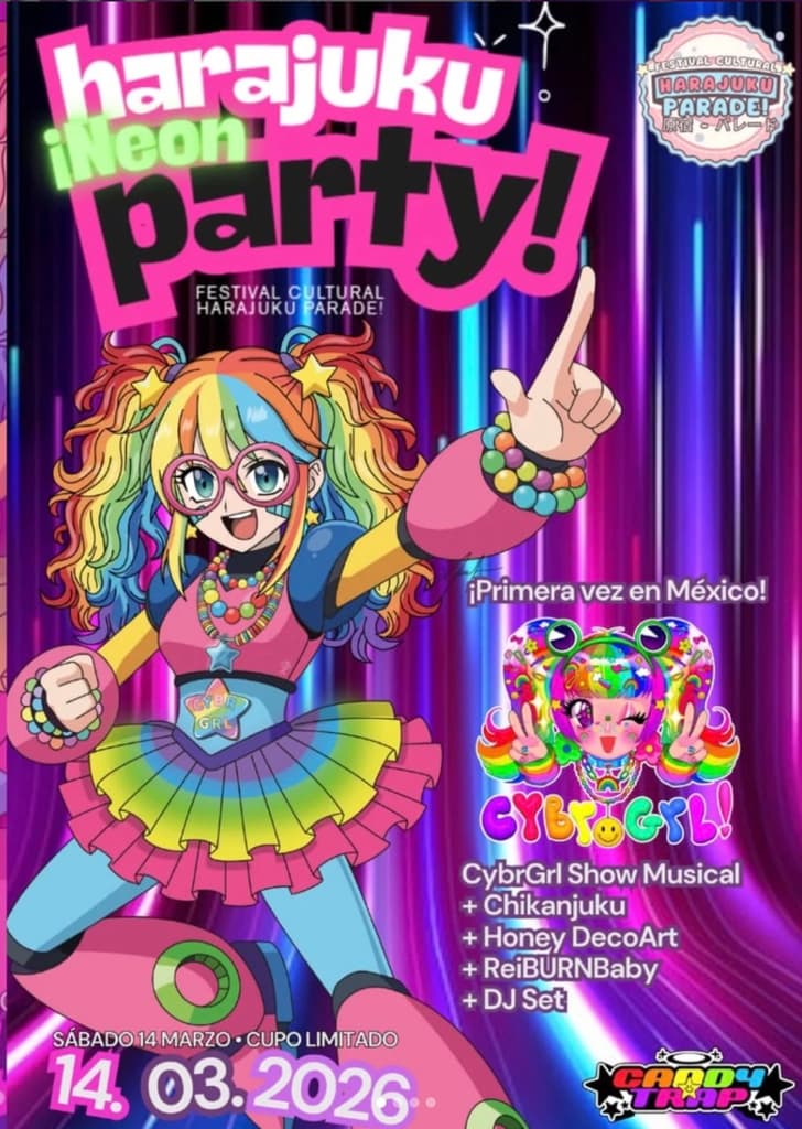 Performance musical de Cybr.grl en la Harajuku Neon Party CDMX.