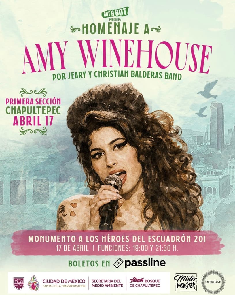 Concierto homenaje a Amy Winehouse al aire libre en Chapultepec, con música en vivo y ambiente nocturno en la CDMX.